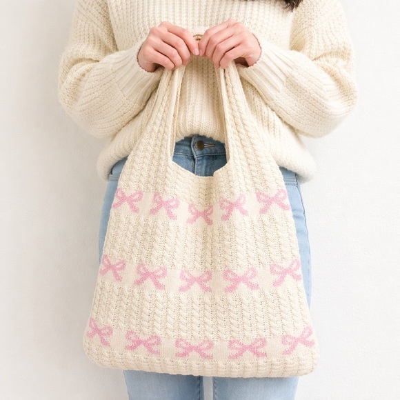 Zenana Outfitters Handbags - NEW Zenana Pink Bow Knit Tote Bag Cream Coquette Chic Shoulder Bag